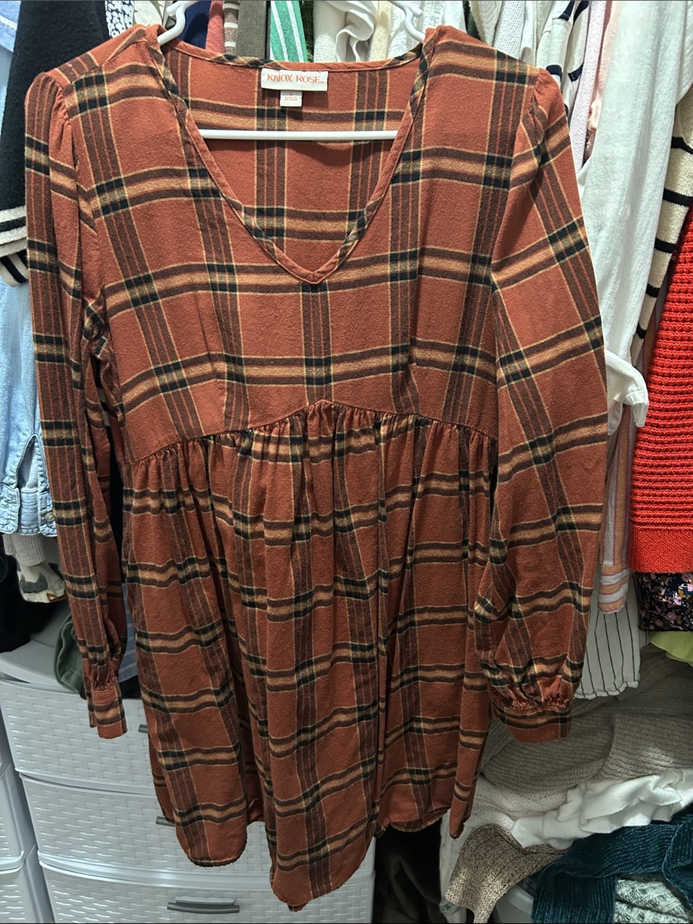 Knox Rose Rust Plaid Long-Sleeve Babydoll Dress